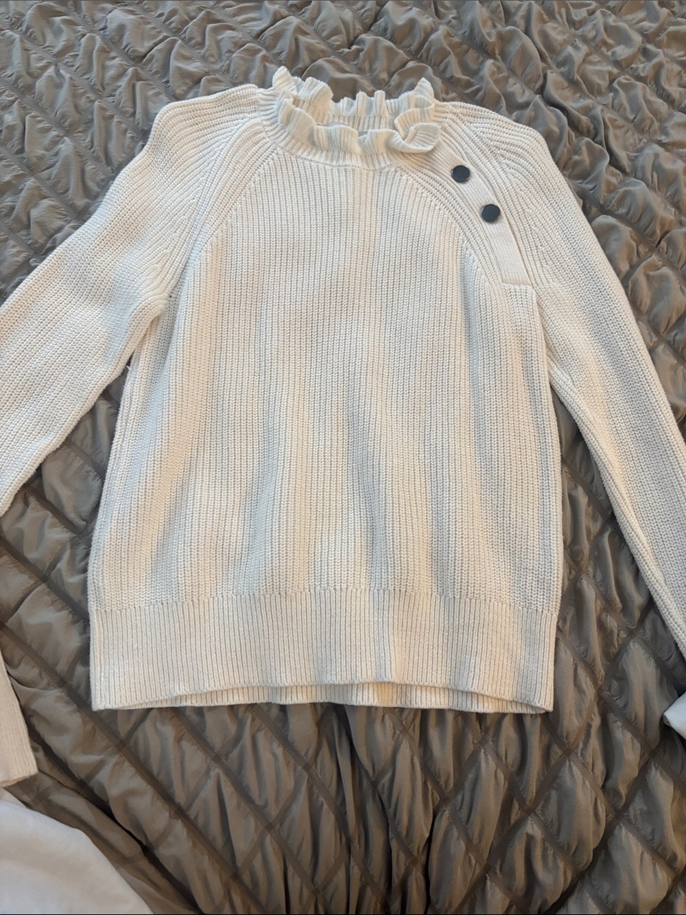 LOFT Ivory Ruffle Neck Button-Shoulder Sweater